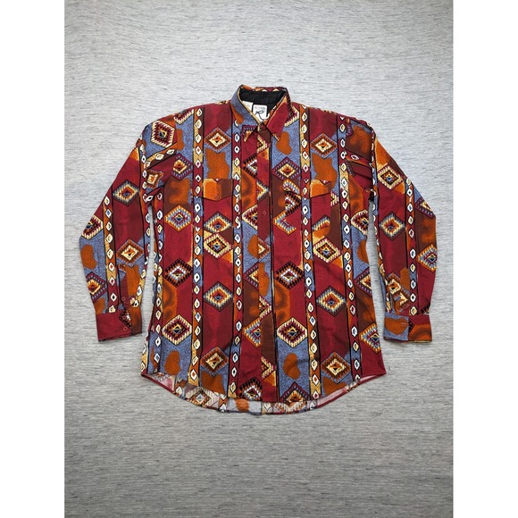Roper Western Shirt Aztec Diamond Print‎ Long Sleeve Button Up Large allover - Picture 1 of 9